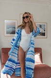 Blue and white long beach tunic in tye die effect fabric