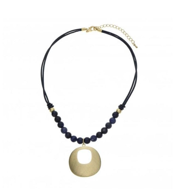 Navy Leather Beaded Gold Drop Necklace