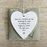 'May Your Troubles’ Porcelain Hanging Heart - East Of India