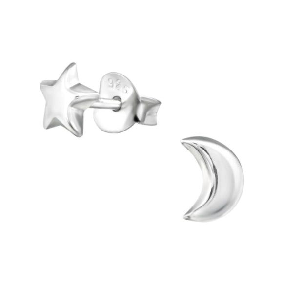 Sterling Silver Star & Moon Stud Earrings