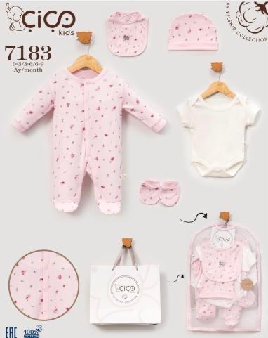 Baby 5 Piece 100% Cotton Pink Floral Gift Set (0–9M) – Romper, Vest, Bib, Hat & Mittens
