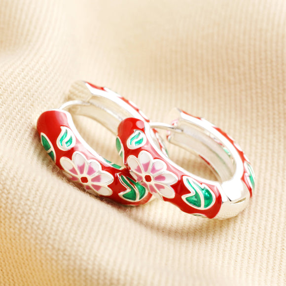 Red cloisonné hoop earrings in silver