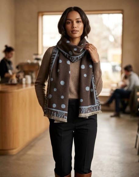 Oversized chocolate brown scarf featuring large light blue polka dots on the main body and a contrasting abstract animal print border in blue and brown along the edges, finished with soft fringe tassel ends.
