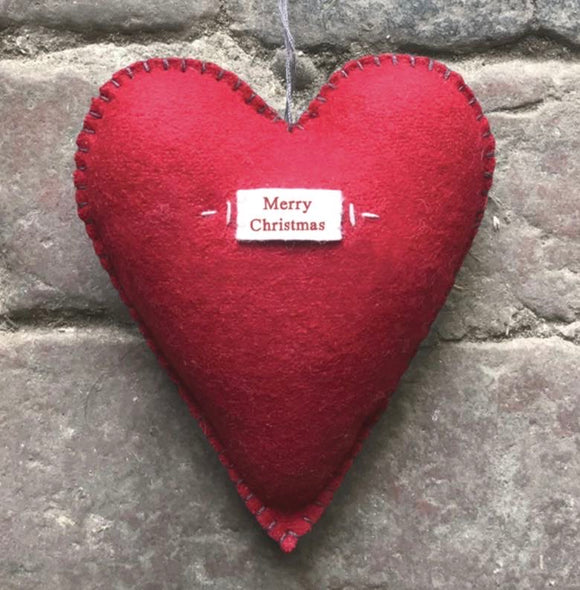 Merry Christmas Red Felt Hanging Heart (Lg)- East Of India