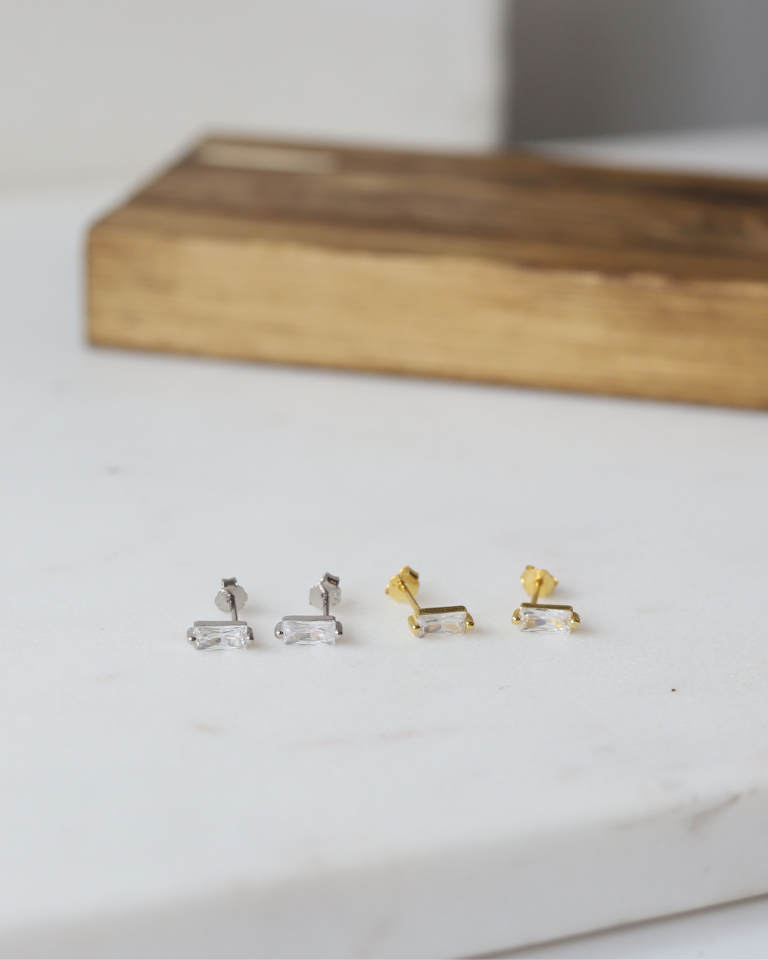 Rectangle Sparkle Stud Earrings in Sterling Silver/ Gold