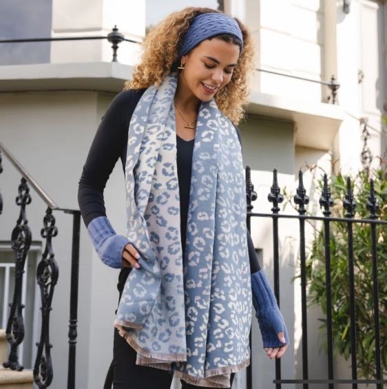 Denim Blue Leopard Print Winter Scarf