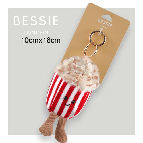 Bessie London popcorn plush keyring bag charm with red and white stripes, fluffy top and dangly legs (10cm x 16cm)