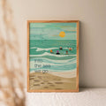 Illustrated art print showing five wild swimmers in colourful swim caps and wetsuits enjoying the sea together, with the words "into the sea we go..." in dark teal text against a teal and turquoise coastal scene with a sandy beach and golden sun.