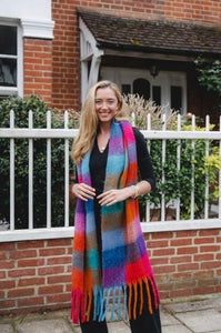 Chunky multi coloured check scarf with tassels 