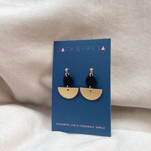 Lola semi circle stud earrings in black and gold from Jack and freda