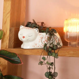 Pink and White Floral Sleeping Cat Planter