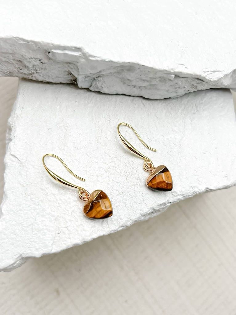 Tiger's Eye Small Heart Gold Plated Gemstone Earrings