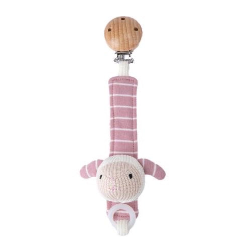 Pink knitted bunny dummy clip with wooden clasp”