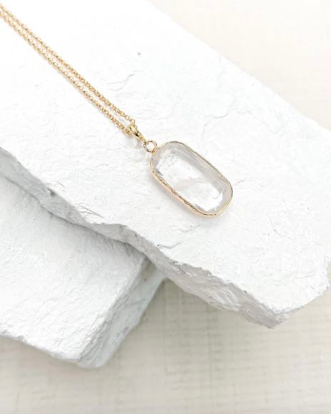 Quartz Rectangle Drop Gold Plated Gemstone Crystal Necklace