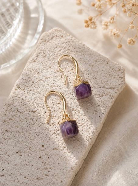 Amethyst Nugget Gemstone Crystal Earrings - 18k Gold Plated