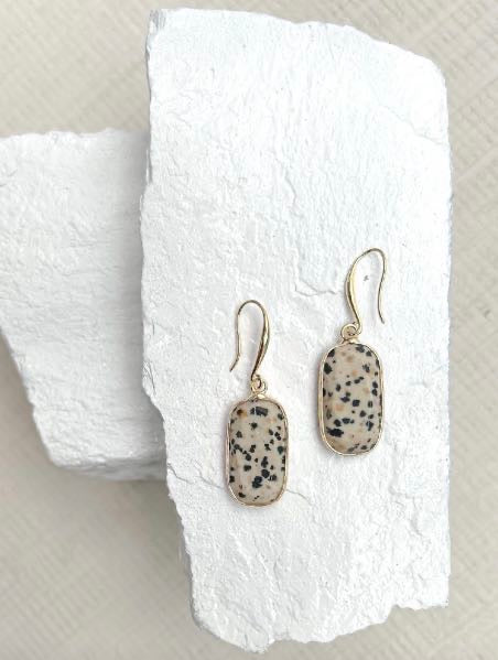 Dalmatian Jasper Rectangle Drop Gold Plated Gemstone Earrings