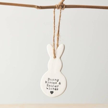 Hanging ceramic bunny ornament with twine, Bunny Kisses & Easter Wishes Easter decoration