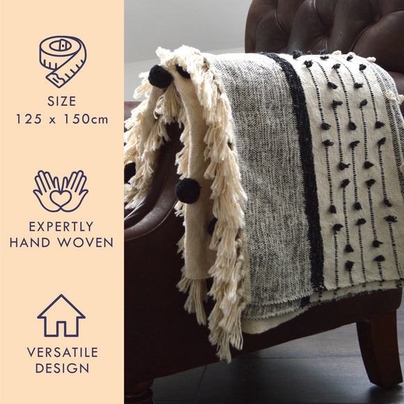 Nina Bobble Boho Throw - Scandi Monochrome Textured Blanket