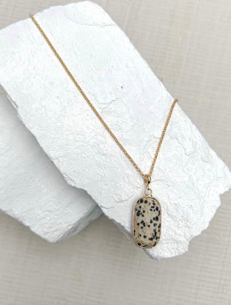 Dalmatian Jasper Rectangle Drop Gold Plated Gemstone Necklace