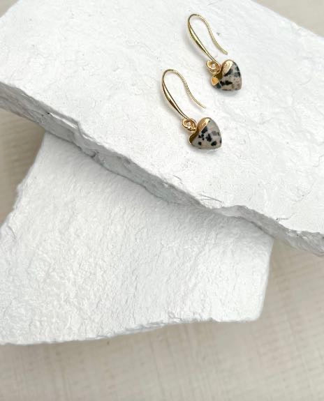 Dalmatian Jasper Small Heart Gold Plated Gemstone Earrings