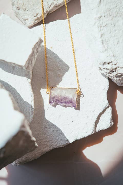 Amethyst Slice Gold Plated Gemstone Crystal Necklace