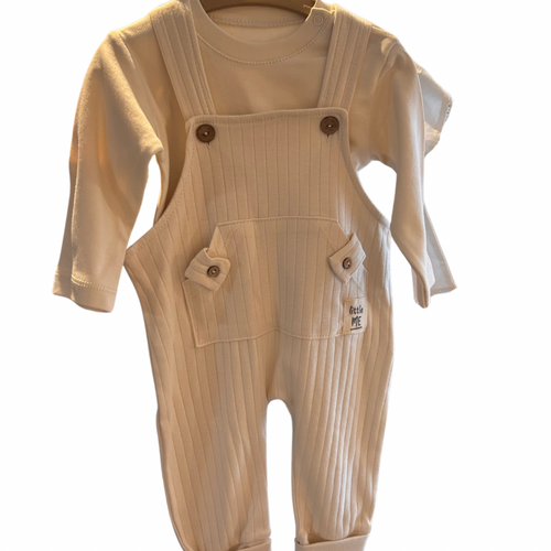 Baby Two Piece “LITTLE ME” Beige Dungarees Set (9-24M)