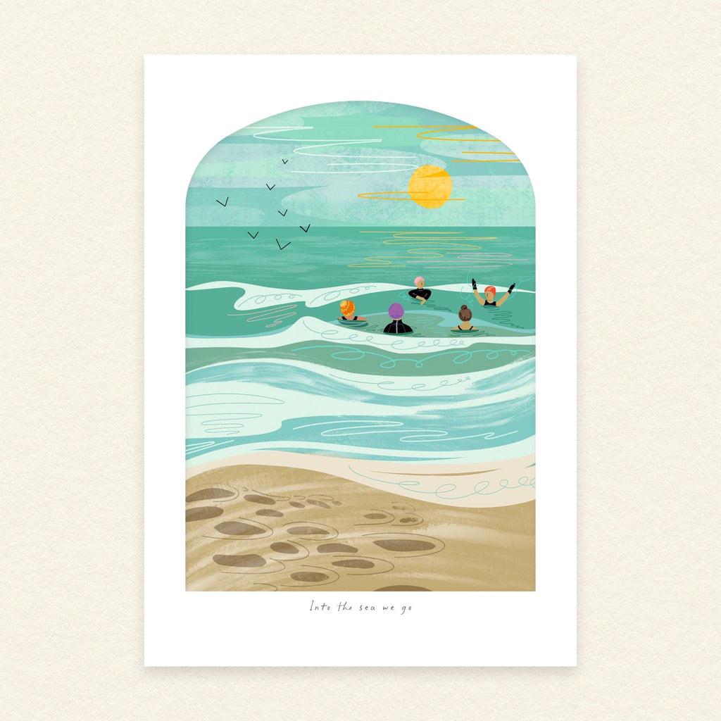 Arch-shaped illustrated art print of five wild swimmers in colourful swim caps riding teal waves with a sandy beach and yellow sun, featuring the words "Into the sea we go" in delicate handwritten script