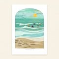 Arch-shaped illustrated art print of five wild swimmers in colourful swim caps riding teal waves with a sandy beach and yellow sun, featuring the words "Into the sea we go" in delicate handwritten script