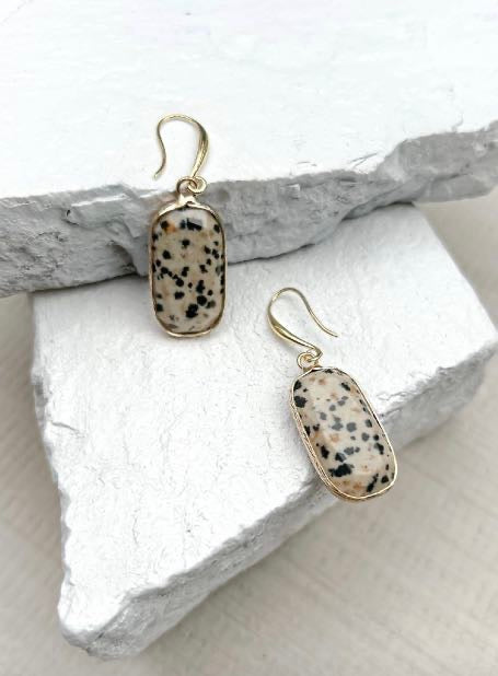 Dalmatian Jasper Rectangle Drop Gold Plated Gemstone Earrings