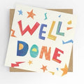 Square well done greeting card with bold colourful block lettering in red, yellow, blue, orange and green, surrounded by stars, lightning bolts and confetti shapes on a cream background, shown with a kraft brown envelope.