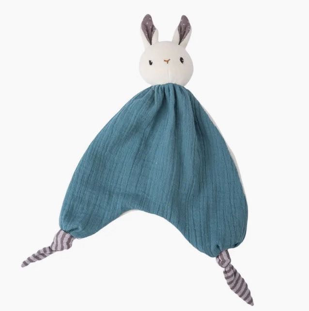 Plush rabbit toy with a blue body on a white background
