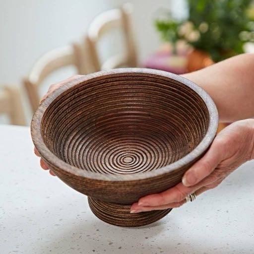 Dark Wood Ribbed Decorative Bowl - Artisan Home Decor Gift