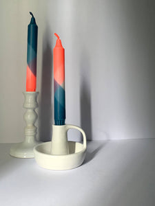 Neon Coral and Teal Dip Dyed Dinner Candles