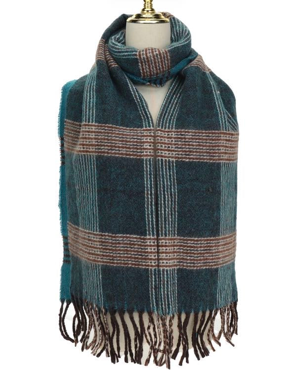 Teal Blue Check Tassel Scarf