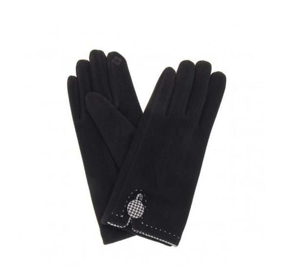 Black gloves with black and white herringbone detail buttons