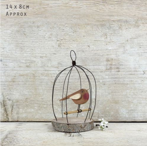 Wooden Robin in Wire Cage Hanging Decoration - East of India