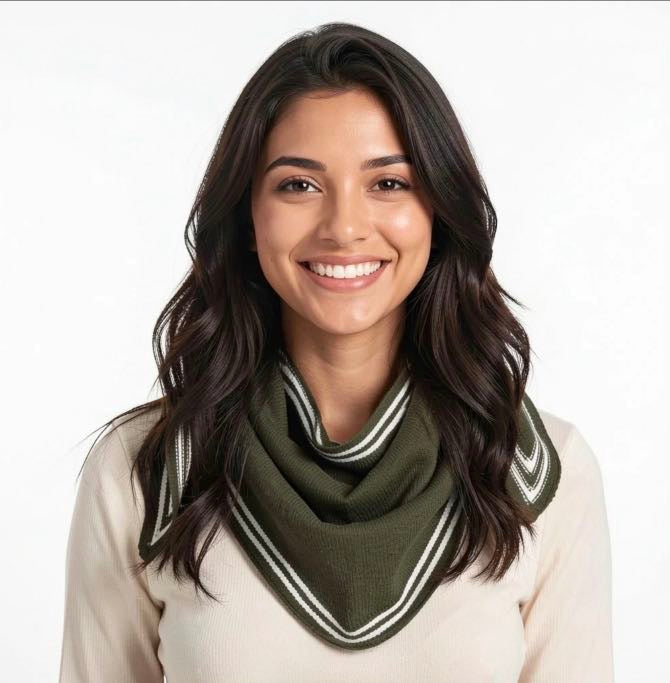 Olive green knit bandana scarf with cream stripe border worn around the neck