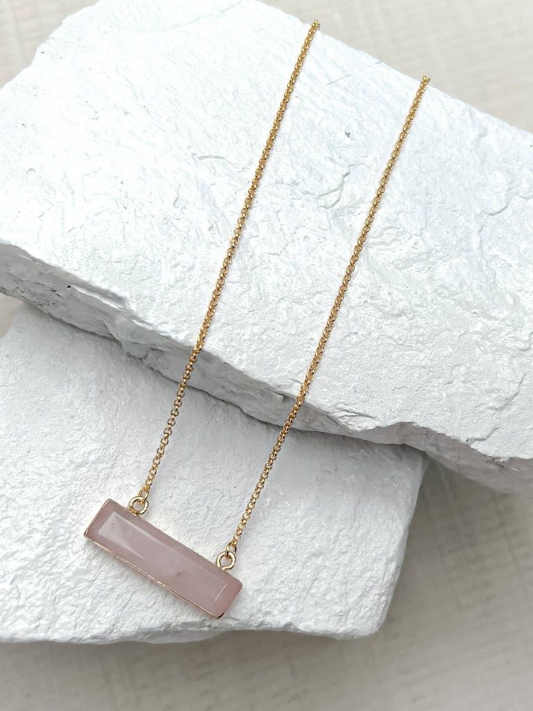 Rose Quartz Rectangle Gold Plated Gemstone Crystal Necklace