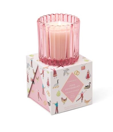 CHRISTMAS RIBBED GLASS CANDLE - PINK PEPPERMINT