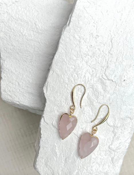 Rose Quartz Heart Gold Plated Gemstone Crystal Earrings
