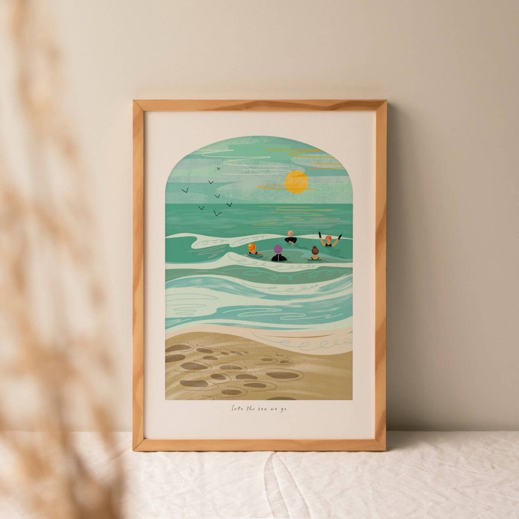 Into the Sea We Go | A4 Coastal Art Print | Wild Swimming