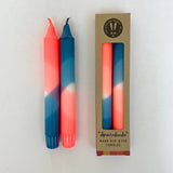 Neon Coral and Teal Dip Dyed Dinner Candles