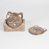 Wooden Carved Cat Coaster - Set Of 6