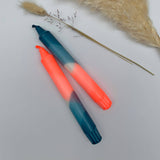 Neon Coral and Teal Dip Dyed Dinner Candles