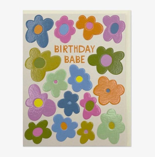 Birthday Babe card with colourful retro flowers, blank inside, kraft envelope included