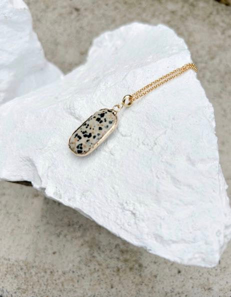 Dalmatian Jasper Rectangle Drop Gold Plated Gemstone Necklace