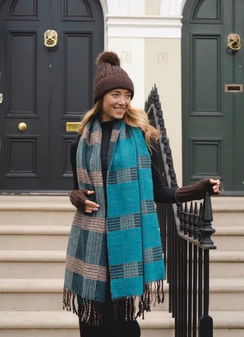 Teal blue check tassel scarf with blush an