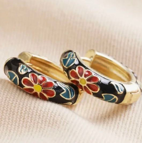 Black Cloisonne Hoop Earrings in Gold