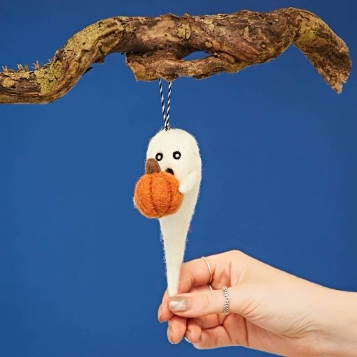 Felt Ghost with Pumpkin Hanging Decoration - Handmade