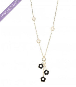 Triple black flower long gold necklace 